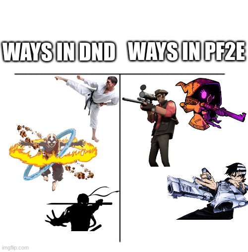 T chart | WAYS IN PF2E; WAYS IN DND | image tagged in t chart | made w/ Imgflip meme maker