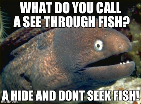 Bad Joke Eel | WHAT DO YOU CALL A SEE THROUGH FISH? A HIDE AND DONT SEEK FISH! | image tagged in memes,bad joke eel | made w/ Imgflip meme maker