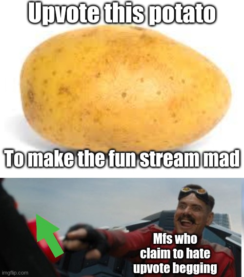 Srsly, upvote ACTUAL memes | Upvote this potato; To make the fun stream mad; Mfs who claim to hate upvote begging | image tagged in two buttons eggman,stop upvote begging,potato,why are you reading the tags,stop reading the tags | made w/ Imgflip meme maker