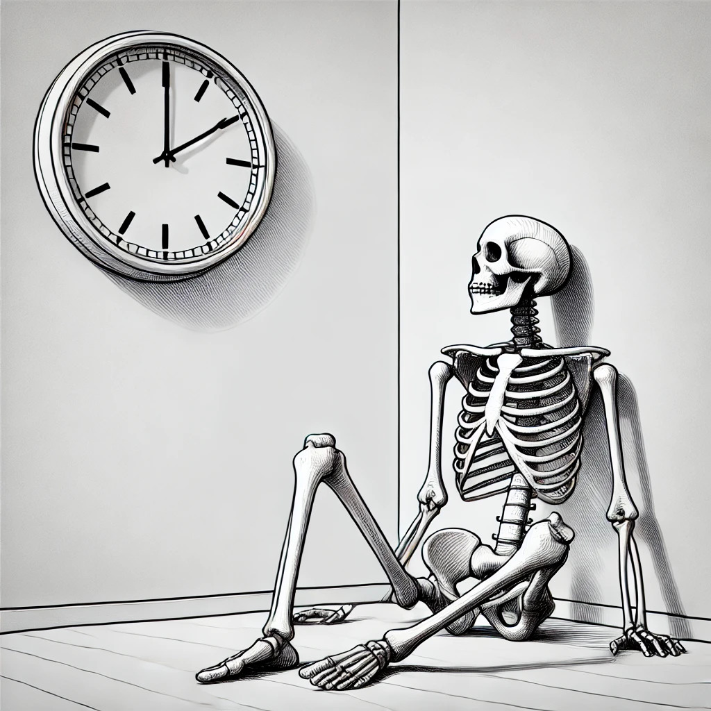 Skeleton looking at a clock Blank Meme Template