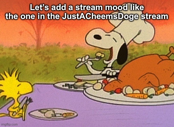 (WGON: Approved.) | Let’s add a stream mood like the one in the JustACheemsDoge stream | image tagged in charlie brown thanksgiving | made w/ Imgflip meme maker