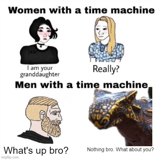 Yooo, what's up? | What's up bro? Nothing bro. What about you? | image tagged in men with a time machine | made w/ Imgflip meme maker