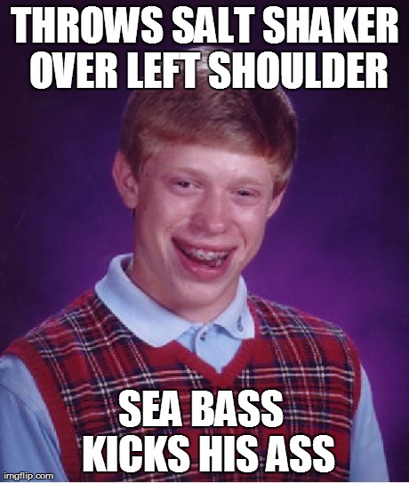 Do it | THROWS SALT SHAKER OVER LEFT SHOULDER SEA BASS  KICKS HIS ASS | image tagged in memes,bad luck brian | made w/ Imgflip meme maker