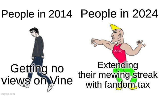 Gen Z vs Gen Alpha | People in 2024; People in 2014; Extending their mewing streak with fandom tax; Getting no views on Vine | image tagged in virgin vs chad | made w/ Imgflip meme maker