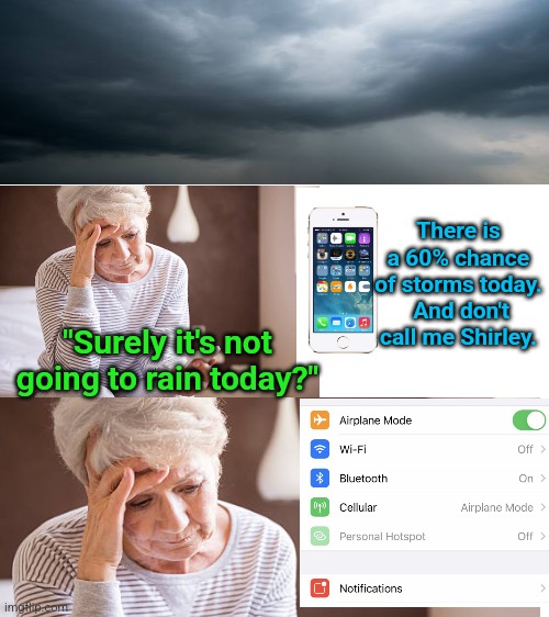 RIP Jim Abrahams | There is a 60% chance of storms today.  And don't call me Shirley. "Surely it's not going to rain today?" | image tagged in airplane wrong week | made w/ Imgflip meme maker