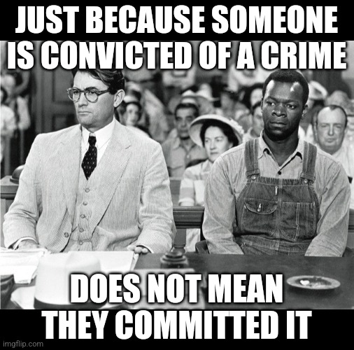 Atticus Finch | JUST BECAUSE SOMEONE IS CONVICTED OF A CRIME DOES NOT MEAN THEY COMMITTED IT | image tagged in atticus finch | made w/ Imgflip meme maker