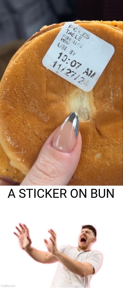 Sticker | A STICKER ON BUN | image tagged in he left all caps on custom,sandwich,bun,you had one job,memes,sticker | made w/ Imgflip meme maker