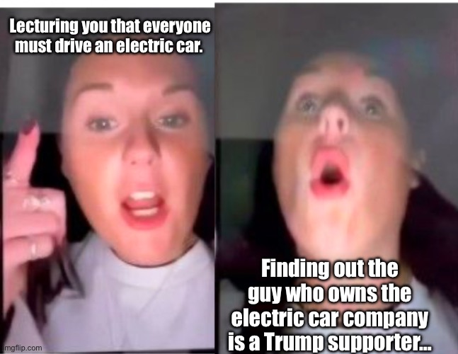 T is for Trump | Lecturing you that everyone must drive an electric car. Finding out the guy who owns the electric car company is a Trump supporter… | image tagged in lecturing,howling mad,trump,elon musk,tesla | made w/ Imgflip meme maker