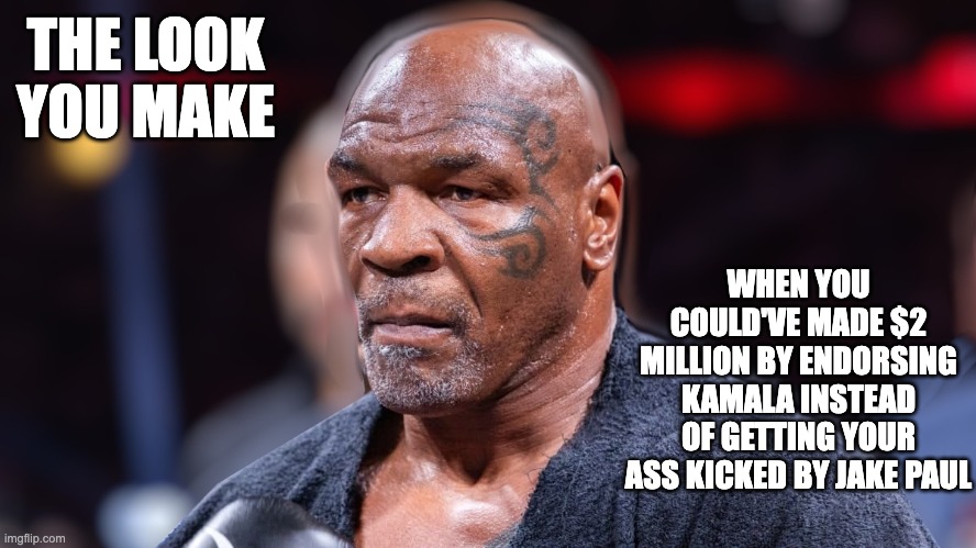 THE LOOK YOU MAKE; WHEN YOU COULD'VE MADE $2 MILLION BY ENDORSING KAMALA INSTEAD OF GETTING YOUR ASS KICKED BY JAKE PAUL | image tagged in tyson paul,mike tyson | made w/ Imgflip meme maker