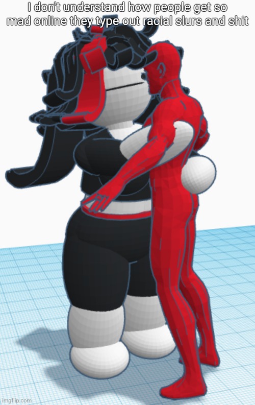 Claire hugging Saddam Hussein | I don't understand how people get so mad online they type out racial slurs and shit | image tagged in claire hugging saddam hussein | made w/ Imgflip meme maker