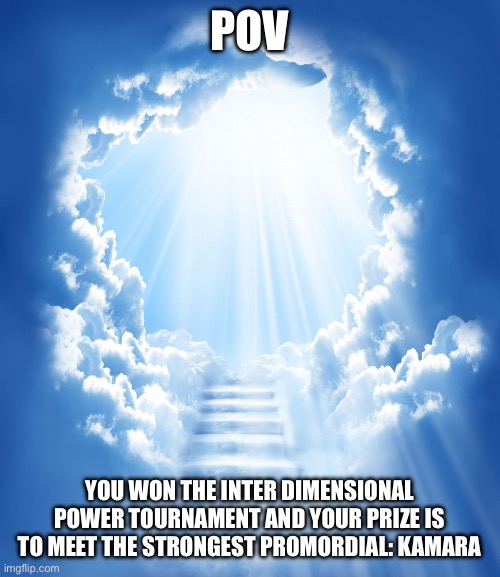 No ERP or joke, romance allowed (males for romance) | POV; YOU WON THE INTER DIMENSIONAL POWER TOURNAMENT AND YOUR PRIZE IS TO MEET THE STRONGEST PROMORDIAL: KAMARA | image tagged in heaven | made w/ Imgflip meme maker