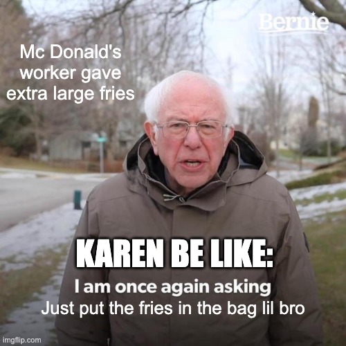 Bernie I Am Once Again Asking For Your Support Meme | Mc Donald's worker gave extra large fries; KAREN BE LIKE:; Just put the fries in the bag lil bro | image tagged in memes,bernie i am once again asking for your support | made w/ Imgflip meme maker