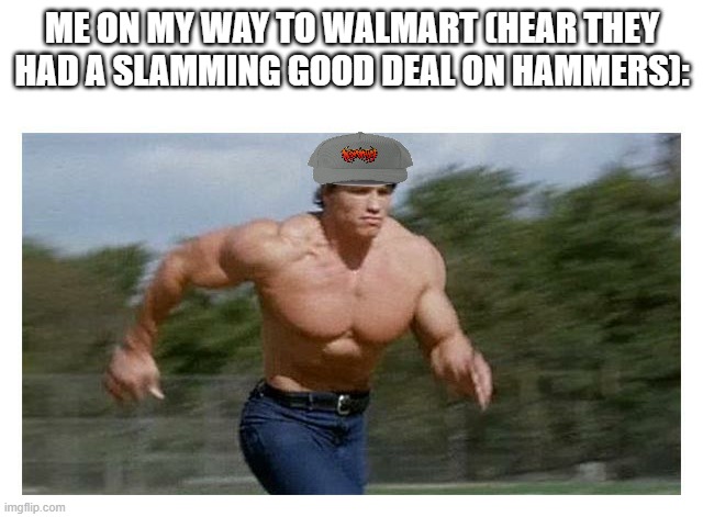 slampost | ME ON MY WAY TO WALMART (HEAR THEY HAD A SLAMMING GOOD DEAL ON HAMMERS): | image tagged in on my way to do insert | made w/ Imgflip meme maker