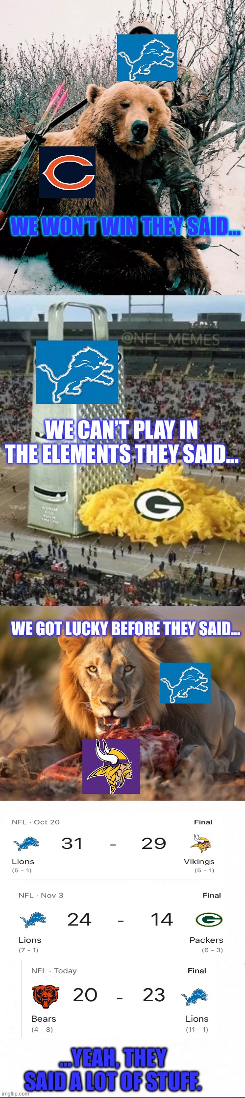 The King of the NFC NORTH?? | WE WON’T WIN THEY SAID…; WE CAN’T PLAY IN THE ELEMENTS THEY SAID…; WE GOT LUCKY BEFORE THEY SAID…; …YEAH, THEY SAID A LOT OF STUFF. | image tagged in detroit lions,green bay packers,minnesota vikings,chicago bears,nfl memes,football | made w/ Imgflip meme maker