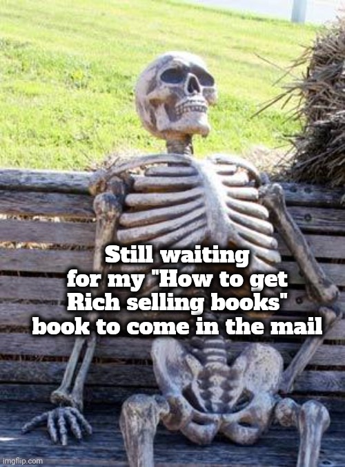 Waiting Skeleton Meme | Still waiting for my "How to get Rich selling books" book to come in the mail | image tagged in memes,waiting skeleton | made w/ Imgflip meme maker