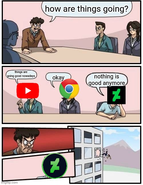 not everything is bad nowadays | how are things going? things are going good nowadays; nothing is good anymore; okay | image tagged in memes,boardroom meeting suggestion | made w/ Imgflip meme maker