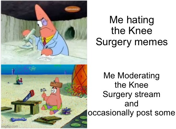 Patrick Smart Dumb | Me hating the Knee Surgery memes Me Moderating the Knee Surgery stream and occasionally post some | image tagged in patrick smart dumb | made w/ Imgflip meme maker