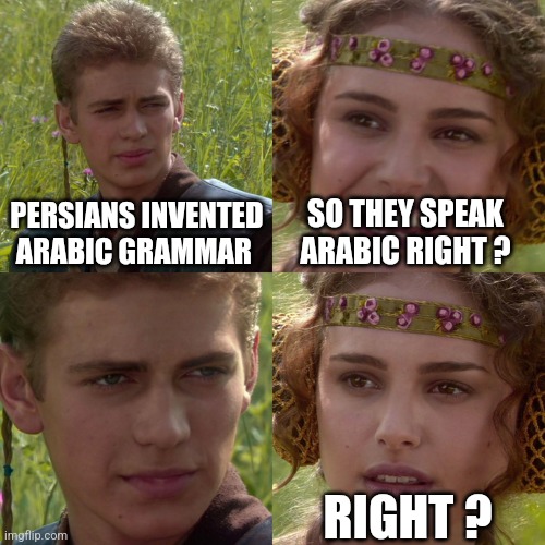 The arabic grammar paradox | PERSIANS INVENTED ARABIC GRAMMAR; SO THEY SPEAK ARABIC RIGHT ? RIGHT ? | image tagged in anakin padme 4 panel,iran,iranian,persian,grammar,arabic | made w/ Imgflip meme maker