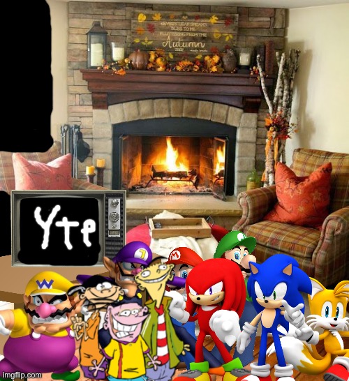 Wario and Friends dies by a extremely scary cursed emergency news flash while watching YTPs in their living room | image tagged in fireplace,wario dies,super mario bros,ed edd n eddy,sonic the hedgehog,crossover | made w/ Imgflip meme maker