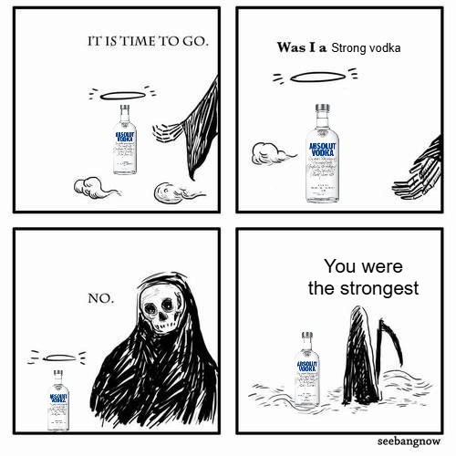 Vodka afterlife | Strong vodka; You were the strongest | image tagged in it is time to go,slavic,vodka | made w/ Imgflip meme maker