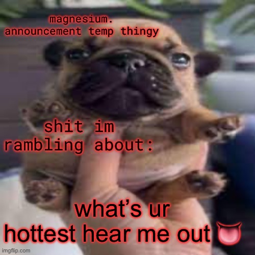 pug temp | what’s ur hottest hear me out 👅👅 | image tagged in pug temp | made w/ Imgflip meme maker