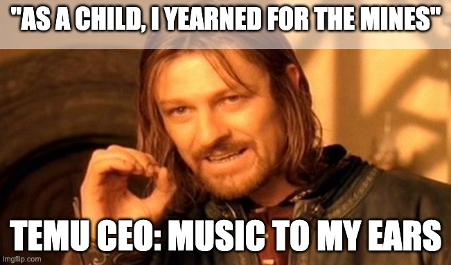 LMAAOOOOOO | "AS A CHILD, I YEARNED FOR THE MINES"; TEMU CEO: MUSIC TO MY EARS | image tagged in memes,one does not simply | made w/ Imgflip meme maker