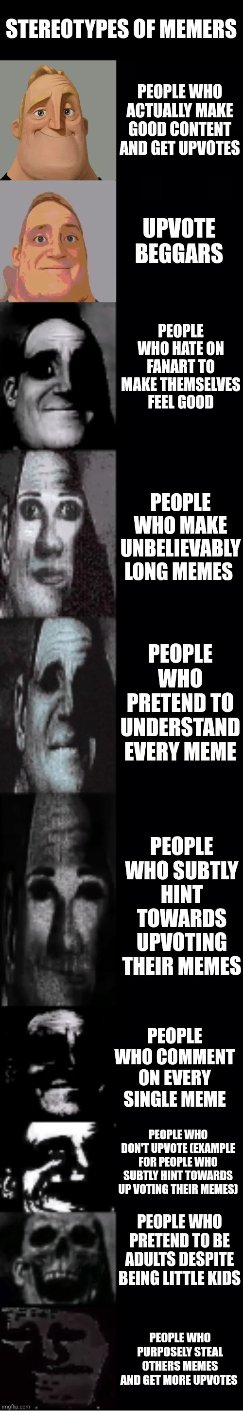 Why? | STEREOTYPES OF MEMERS; PEOPLE WHO ACTUALLY MAKE GOOD CONTENT AND GET UPVOTES; UPVOTE BEGGARS; PEOPLE WHO HATE ON FANART TO MAKE THEMSELVES FEEL GOOD; PEOPLE WHO MAKE UNBELIEVABLY LONG MEMES; PEOPLE WHO PRETEND TO UNDERSTAND EVERY MEME; PEOPLE WHO SUBTLY HINT TOWARDS UPVOTING THEIR MEMES; PEOPLE WHO COMMENT ON EVERY SINGLE MEME; PEOPLE WHO DON'T UPVOTE (EXAMPLE FOR PEOPLE WHO SUBTLY HINT TOWARDS UP VOTING THEIR MEMES); PEOPLE WHO PRETEND TO BE ADULTS DESPITE BEING LITTLE KIDS; PEOPLE WHO PURPOSELY STEAL OTHERS MEMES AND GET MORE UPVOTES | image tagged in mr incredible becoming uncanny,stereotypes | made w/ Imgflip meme maker