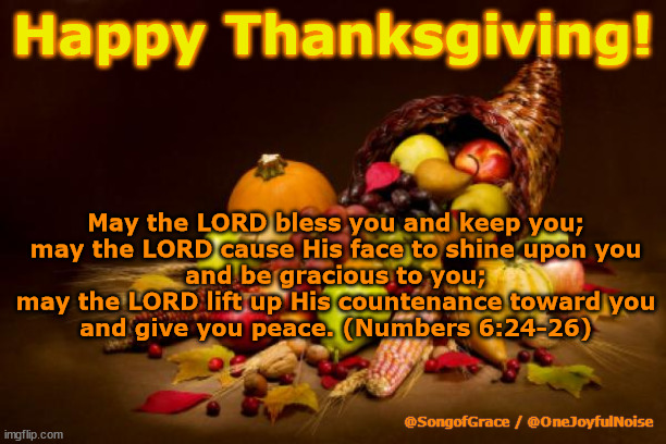 Happy Thanksgiving | Happy Thanksgiving! May the LORD bless you and keep you;
may the LORD cause His face to shine upon you
and be gracious to you;
may the LORD lift up His countenance toward you
and give you peace. (Numbers 6:24-26); @SongofGrace / @OneJoyfulNoise | image tagged in thanksgiving | made w/ Imgflip meme maker