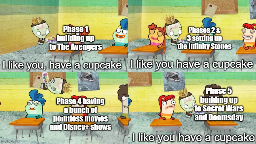 The MCU has changed | Phase 1 building up to The Avengers; Phases 2 & 3 setting up the Infinity Stones; I like you have a cupcake; I like you, have a cupcake; Phase 5 building up to Secret Wars and Doomsday; Phase 4 having a bunch of pointless movies and Disney+ shows; I like you have a cupcake | image tagged in fish hooks have a cupcake,marvel,mcu,marvel cinematic universe,disney plus | made w/ Imgflip meme maker