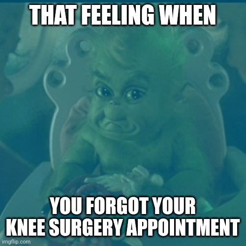 Ski buddy to alert | THAT FEELING WHEN; YOU FORGOT YOUR KNEE SURGERY APPOINTMENT | image tagged in knee surgery,grinch,christmas,memes,funny,dank memes | made w/ Imgflip meme maker