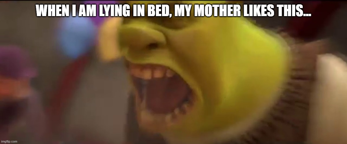 Shrek Screaming | WHEN I AM LYING IN BED, MY MOTHER LIKES THIS... | image tagged in shrek screaming | made w/ Imgflip meme maker