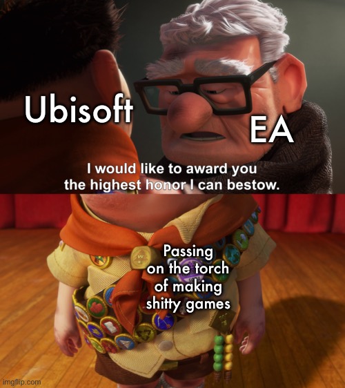 Highest Honor | EA; Ubisoft; Passing on the torch of making shitty games | image tagged in highest honor | made w/ Imgflip meme maker