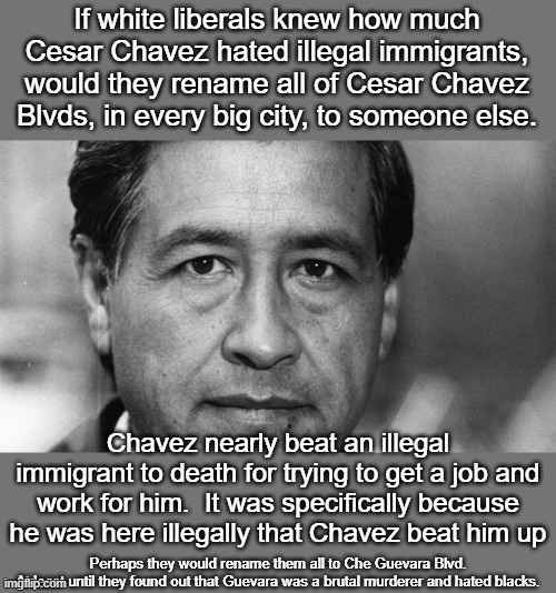 Apparently liberals think all Hispanics are grape pickers or else why would Chavez be help up as the figurehead for Hispanics. | If white liberals knew how much Cesar Chavez hated illegal immigrants, would they rename all of Cesar Chavez Blvds, in every big city, to someone else. Chavez nearly beat an illegal immigrant to death for trying to get a job and work for him.  It was specifically because he was here illegally that Chavez beat him up; Perhaps they would rename them all to Che Guevara Blvd.
At least until they found out that Guevara was a brutal murderer and hated blacks. | image tagged in cesar chavez | made w/ Imgflip meme maker