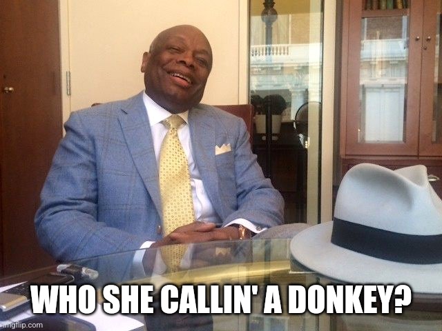 Willie Brown | WHO SHE CALLIN' A DONKEY? | image tagged in willie brown | made w/ Imgflip meme maker