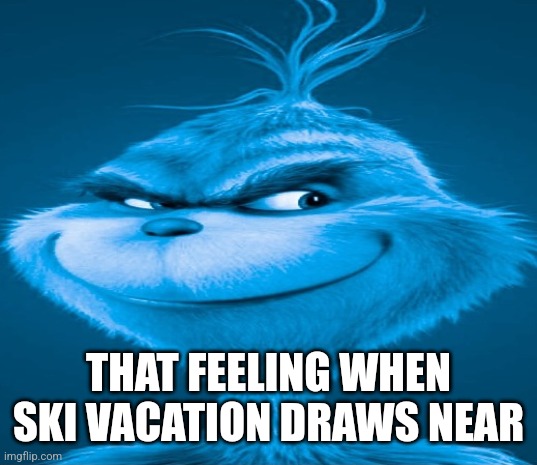Guys I'm new in this stream! Is thus a good representation of msmg humor? | THAT FEELING WHEN SKI VACATION DRAWS NEAR | image tagged in blue grinch | made w/ Imgflip meme maker