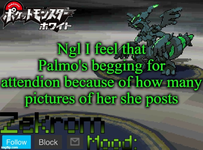 Shiny Zekrom temp V1 | Ngl I feel that Palmo's begging for attendion because of how many pictures of her she posts | image tagged in shiny zekrom temp v1 | made w/ Imgflip meme maker