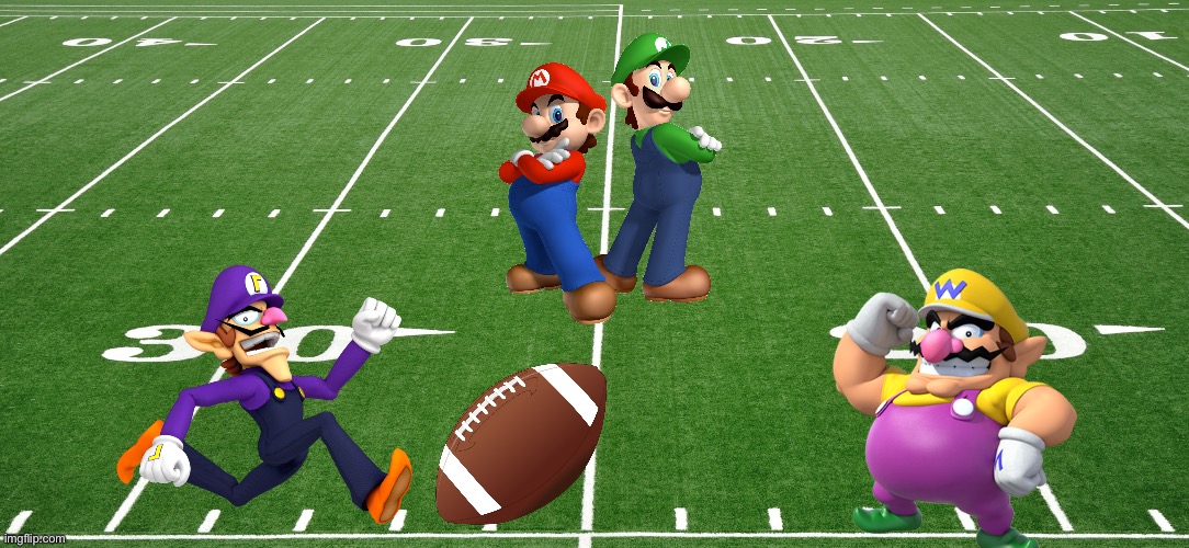 Wario dies by Waluigi accidentally kicking the football directly to Wario's nuts during a football game with Mario and luigi | image tagged in football field,wario dies,waluigi,super mario,luigi,mario | made w/ Imgflip meme maker