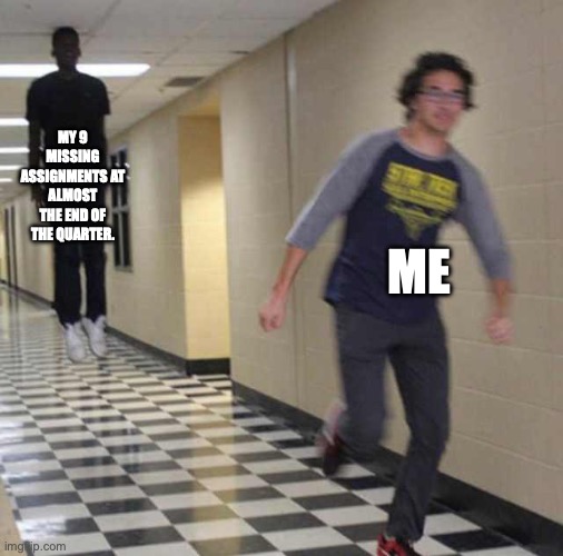 floating boy chasing running boy | MY 9 MISSING ASSIGNMENTS AT ALMOST THE END OF THE QUARTER. ME | image tagged in floating boy chasing running boy | made w/ Imgflip meme maker