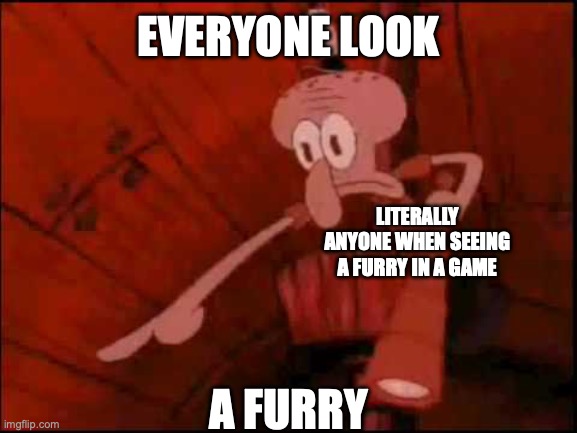 Squidward pointing | EVERYONE LOOK; LITERALLY ANYONE WHEN SEEING A FURRY IN A GAME; A FURRY | image tagged in squidward pointing | made w/ Imgflip meme maker