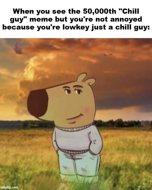 Chill guy | When you see the 50,000th "Chill guy" meme but you're not annoyed because you're lowkey just a chill guy: | image tagged in chill guy | made w/ Imgflip meme maker