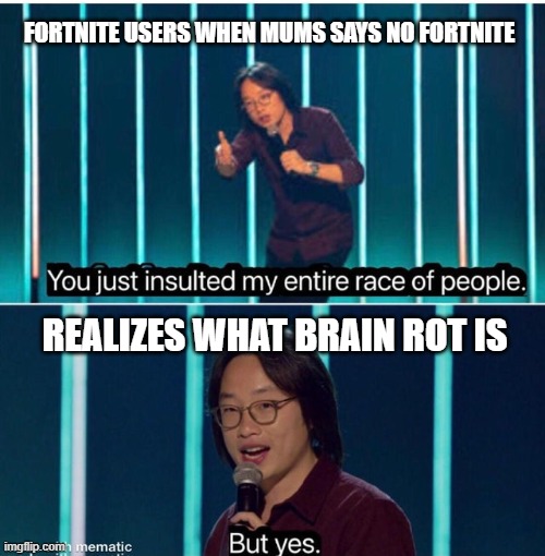 You just insulted my entire race of people | FORTNITE USERS WHEN MUMS SAYS NO FORTNITE; REALIZES WHAT BRAIN ROT IS | image tagged in you just insulted my entire race of people | made w/ Imgflip meme maker