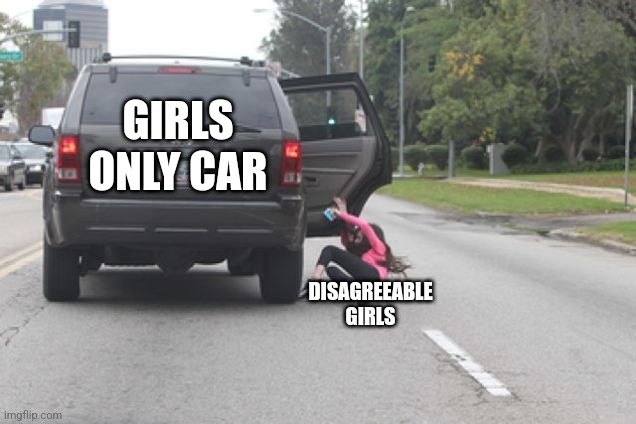 Sin of Disagreeableness | GIRLS ONLY CAR; DISAGREEABLE GIRLS | image tagged in kicked out of car,disagreeable,big 5,agreeable,agreeableness,psychology | made w/ Imgflip meme maker