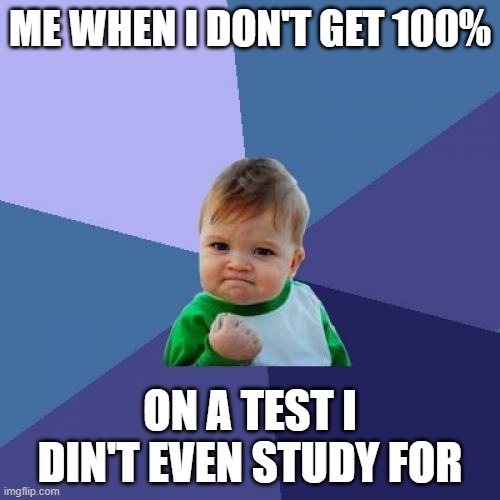 Honestly... | ME WHEN I DON'T GET 100%; ON A TEST I DIN'T EVEN STUDY FOR | image tagged in memes,success kid | made w/ Imgflip meme maker