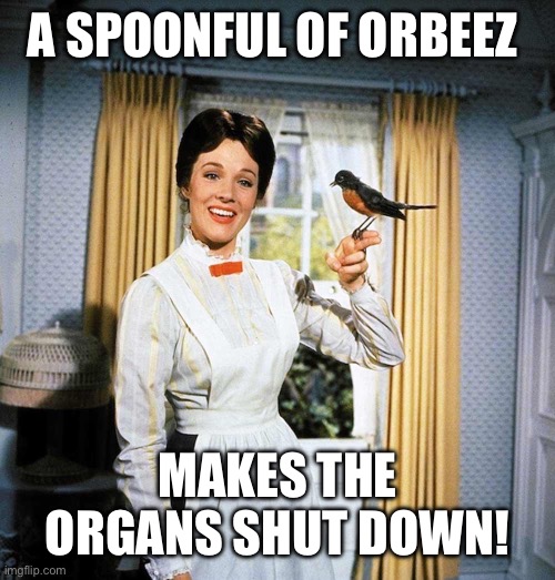 Mary Poppins | A SPOONFUL OF ORBEEZ; MAKES THE ORGANS SHUT DOWN! | image tagged in mary poppins | made w/ Imgflip meme maker