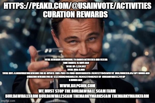 Leonardo Dicaprio Cheers Meme | HTTPS://PEAKD.COM/@USAINVOTE/ACTIVITIES CURATION REWARDS; TOTAL REWARDS ACCORDING TO LOADED ACTIVITIES AND FILTERS
TIME LOADED: 15 DAYS AGO
TOTAL HP: 3,134.892
TOTAL HBD: 0.000
TOTAL HIVE: 0.000CURATION REWARD FOR RE-UPVOTE-THIS-POST-TO-FUND-HBDSTABILIZER-20241122T045509Z BY  HBD.FUNDER16.057 HP7 HOURS AGO
CURATION REWARD FOR RE-1732248002046805224-20241122T040202Z BY  BUILDAWHALE17.219 HP
8 HOURS AGO; WWW.BILPCOIN.COM

WE MUST STOP THE BUILDAWHALE SCAM FARM 

BUILDAWHALEFARM BUILDAWHALESCAM THEMARKYMARKSCAM THEMARKYMARKFARM | image tagged in memes,leonardo dicaprio cheers | made w/ Imgflip meme maker