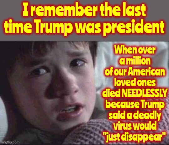 The President Of Death | When over a million of our American loved ones died NEEDLESSLY because Trump said a deadly virus would "just disappear"; I remember the last time Trump was president | image tagged in memes,i see dead people,lock him up,trump lies,donald trump is a convicted rapist,trump's ignorance kills | made w/ Imgflip meme maker
