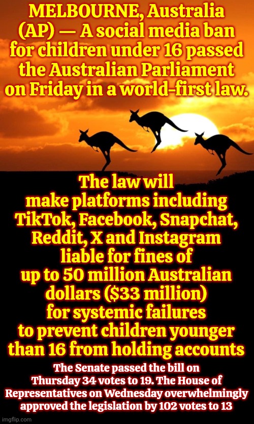 This.  This Is A BIG Deal | MELBOURNE, Australia (AP) — A social media ban for children under 16 passed the Australian Parliament on Friday in a world-first law. The law will make platforms including TikTok, Facebook, Snapchat, Reddit, X and Instagram liable for fines of up to 50 million Australian dollars ($33 million) for systemic failures to prevent children younger than 16 from holding accounts; The Senate passed the bill on Thursday 34 votes to 19. The House of Representatives on Wednesday overwhelmingly approved the legislation by 102 votes to 13 | image tagged in tiktok,facebook,snapchat,instagram,reddit,memes | made w/ Imgflip meme maker