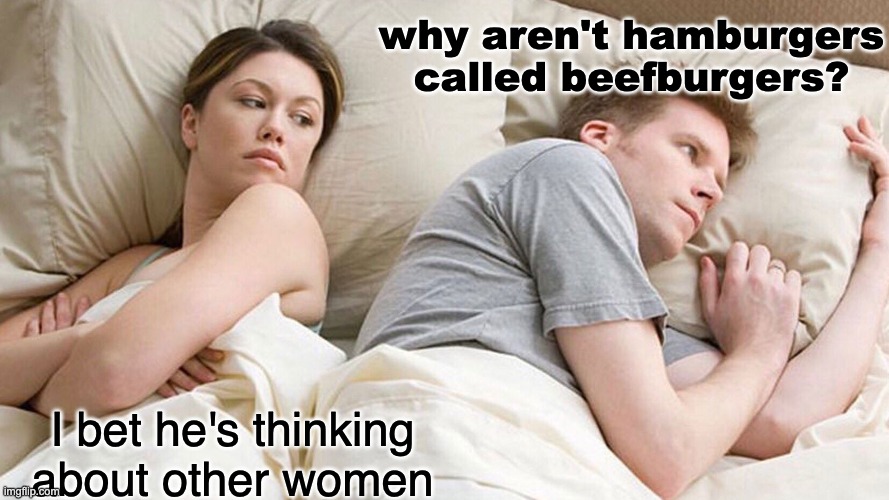 hamburgers beefburgers couple in bed meme | why aren't hamburgers called beefburgers? I bet he's thinking about other women | image tagged in couple in bed | made w/ Imgflip meme maker