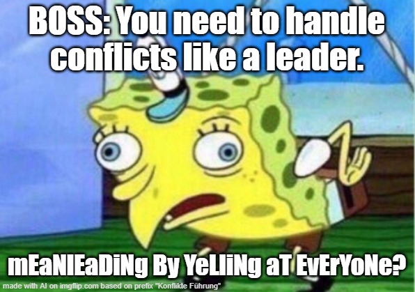 Mocking Spongebob | BOSS: You need to handle conflicts like a leader. mEaNlEaDiNg By YeLliNg aT EvErYoNe? | image tagged in memes,mocking spongebob | made w/ Imgflip meme maker