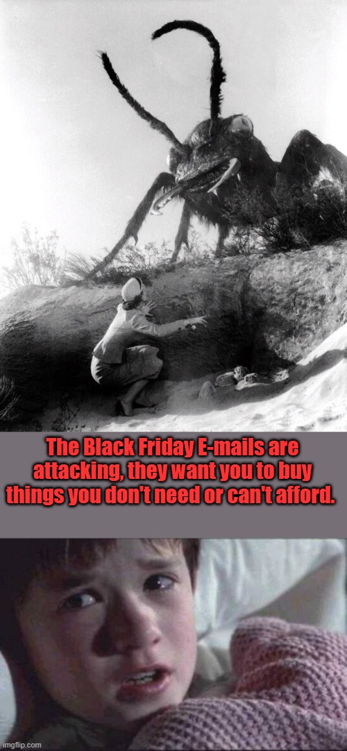 PESTY PESTS | The Black Friday E-mails are attacking, they want you to buy things you don't need or can't afford. | image tagged in memes,i see dead people | made w/ Imgflip meme maker